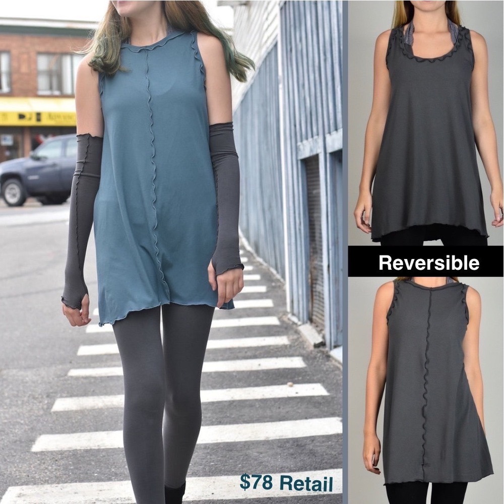ANGELROX Bamboo Shift Tunic Tank OS Blue Reversible Lagenlook Sustainable USA